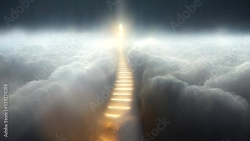Steps to Heaven, a golden staircase in the clouds leads to the gates of Heaven photo