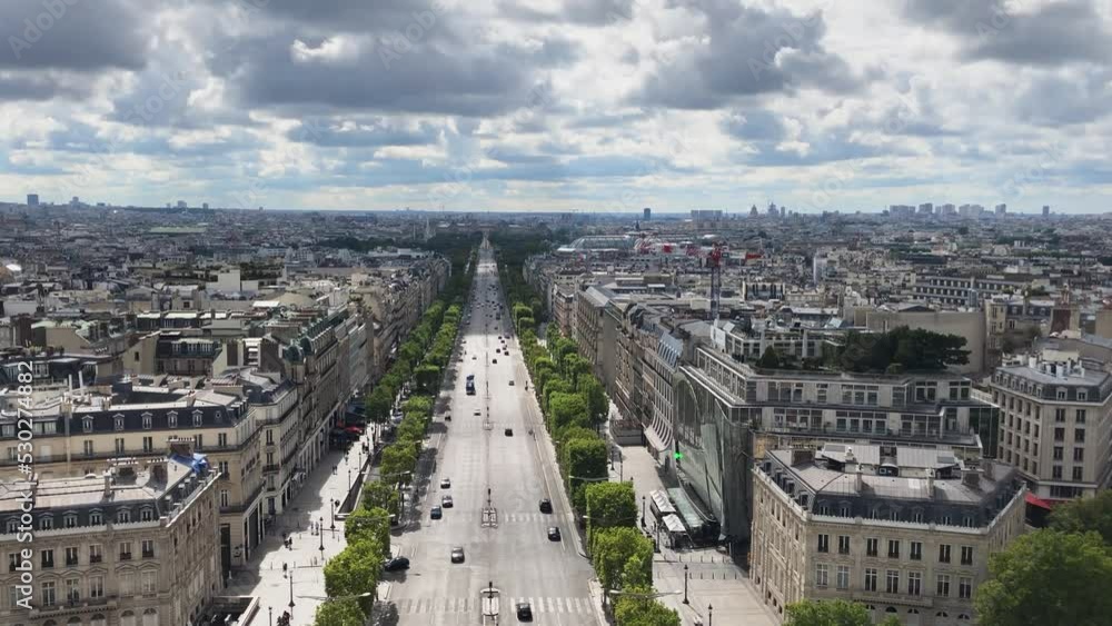 CHAMPS ELYSEES, France, Paris. Clear summer day. View from above. 4k High quality. The famous French street in the historical center of the city. Central and main street of the city. Time lapse. CHAMPS ELYSEES, France, Paris. Clear summer day. View from above. 4k High quality. The famous French street in the historical center of the city. Central and main street of the city. Time lapse.
