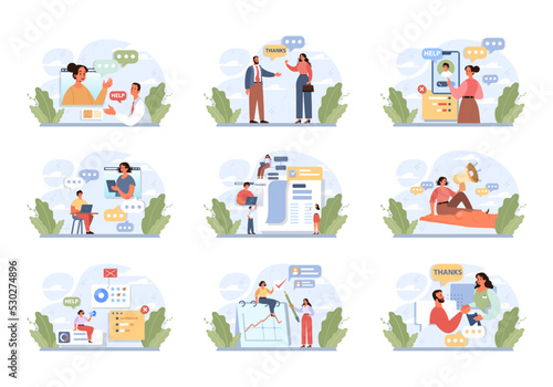 Support concept set. Character help each other in solving problems.