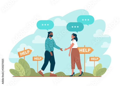 Support concept. Character help each other in solving problems.