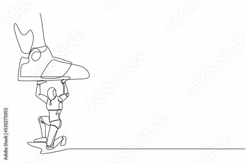 Continuous one line drawing robot under giant feet stomping. Violence of dictator toward tiny robot, big shoes crush machine. Humanoid cybernetic organism. Single line draw design vector illustration