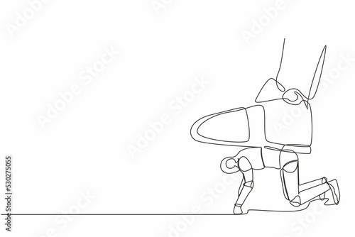 Single one line drawing robot crawling under giant foot trample. Robot oppressed by the boss with under big shoe. Future technology development. Continuous line draw design graphic vector illustration