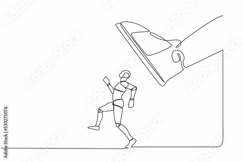 Single continuous line drawing robot run away from stomping foot. Robot running from giant unfair business competition. Robot artificial intelligence. One line draw graphic design vector illustration