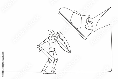 Single one line drawing of robot fight to giant foot with shield and sword. Robot against boss big shoe stomp. Future technology development. Continuous line draw design graphic vector illustration