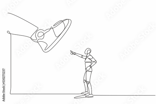 Single continuous line drawing robot facing against giant shoes stomping. Robot pointing against giant foot step. Modern robotic artificial intelligence. One line graphic design vector illustration