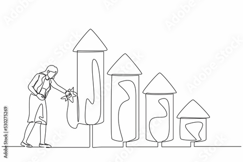 Single continuous line drawing businesswoman ignite firework rocket bar graph to increase company growth. Career development and boost economic profit. One line draw graphic design vector illustration