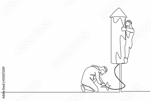 Single one line drawing Arab businessman ignites firework rocket while his teammates prepare to fly on the rocket. Business leadership metaphor. Continuous line draw design graphic vector illustration