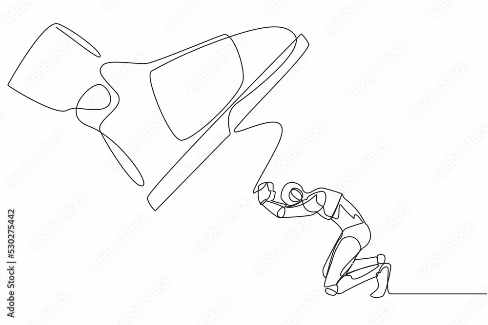 Single one line drawing robot kneel down under giant feet. Concept for authority, exploitation, dictator figure. Future technology development. Continuous line draw design graphic vector illustration Single one line drawing robot kneel down under giant feet. Concept for authority, exploitation, dictator figure. Future technology development. Continuous line draw design graphic vector illustration