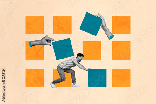 Composite collage illustration of two big human arms black white colors help small guy move blocks isolated on painted background photo
