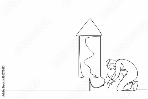 Single one line drawing Arab businessman launching firework rocket. Grow business, boost investment profit or earning, increase growth or economic boom. Continuous line draw design vector illustration