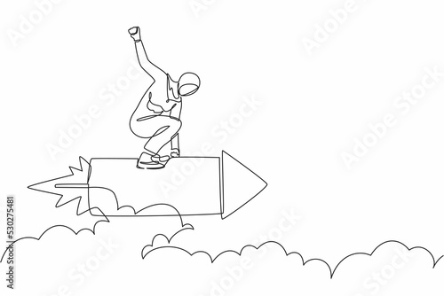 Single continuous line drawing Arabian businesswoman standing astride a rocket and flying through the air. Successful business and motivation concept. One line draw graphic design vector illustration