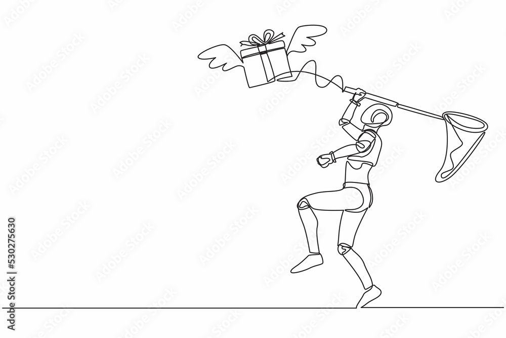 Fototapeta premium Single one line drawing robot try to catching flying gift box with butterfly net. Winged gift box, package. Future technology. Artificial intelligence. Continuous line draw design vector illustration