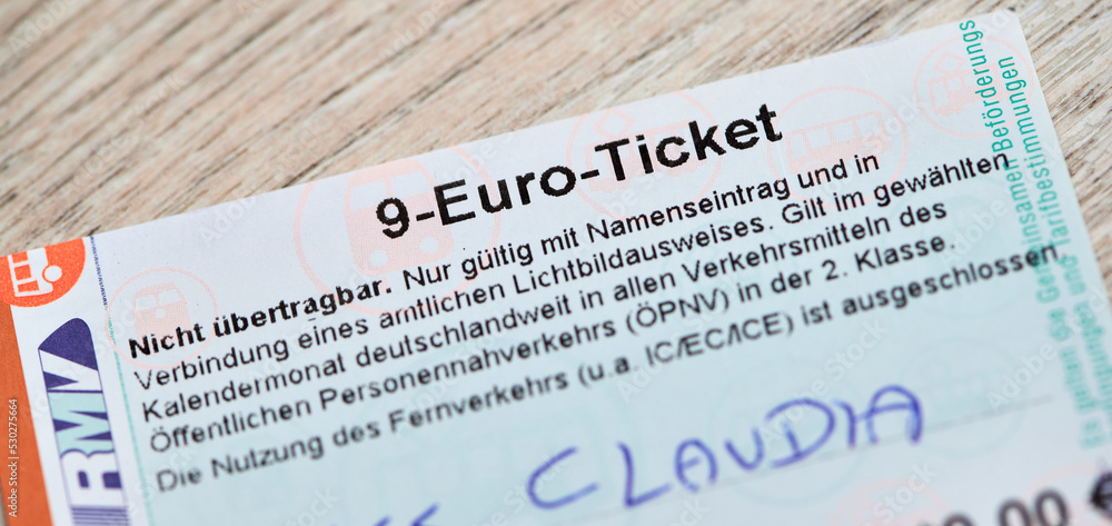Mainz, Germany - September 13, 2022: the nine Euro ticket of the  Rhein-Main-Verkehrsverbund abbrev. RMV, a German transport association,  ticket of July 2022, Germany Photos | Adobe Stock