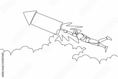 Single continuous line drawing robot fly on fireworks rockets while looking at business opportunities. Modern robotic artificial intelligence. Dynamic one line draw graphic design vector illustration