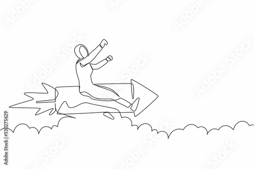 Single one line drawing smart Arab businesswoman riding a rocket through the sky. Ready for launch business innovation and winning competition. Continuous line draw design graphic vector illustration