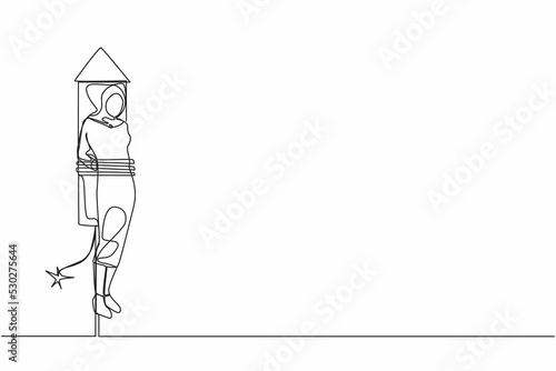 Continuous one line drawing Arabian businesswoman being fired and tied to launching rocket, feeling anxious, scared. Fear of impending disaster. Career failure. Single line design vector illustration
