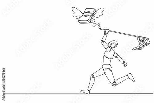 Single continuous line drawing robot try to catching flying money stacks with butterfly net. Budget spending  bill expenses. Electronic technology industry. One line graphic design vector illustration