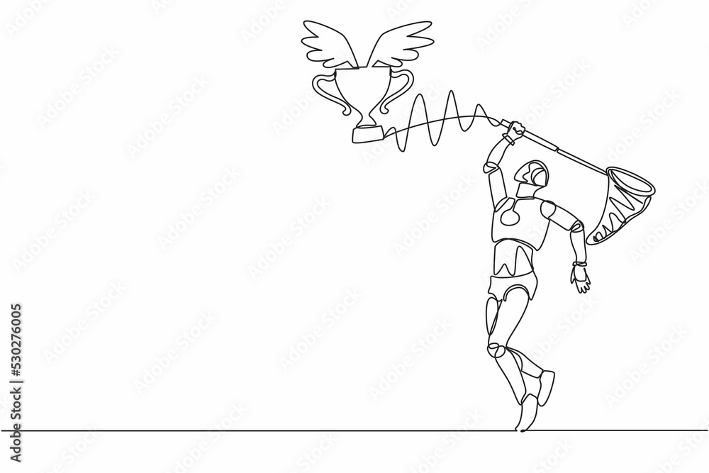 Continuous one line drawing robot try to catching flying trophy with butterfly net. Sport tech game. Victory trophies, awards. Humanoid cybernetic organism. Single line draw design vector illustration