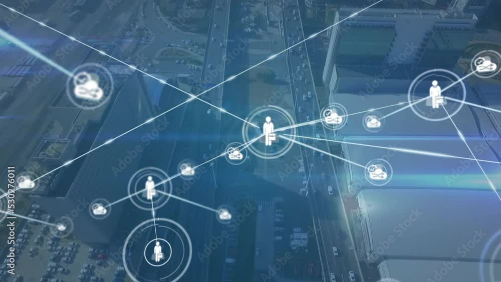 Animation of network of connections over cityscape Animation of network of connections over cityscape