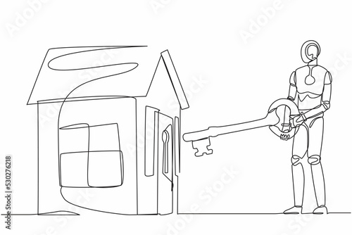Single continuous line drawing robot putting big key into house. Investing money in real estate. House loan, property mortgage. Robot artificial intelligence. One line draw design vector illustration