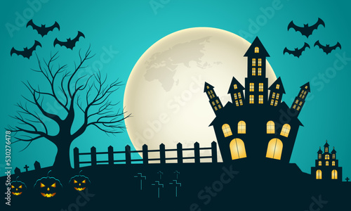 Halloween night spooky background with pumpkins and flying bats and House