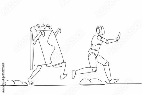 Continuous one line drawing stressed robot being chased by calendar. Afraid with project schedule deadline. Humanoid robot cybernetic organism. Single line draw design vector graphic illustration
