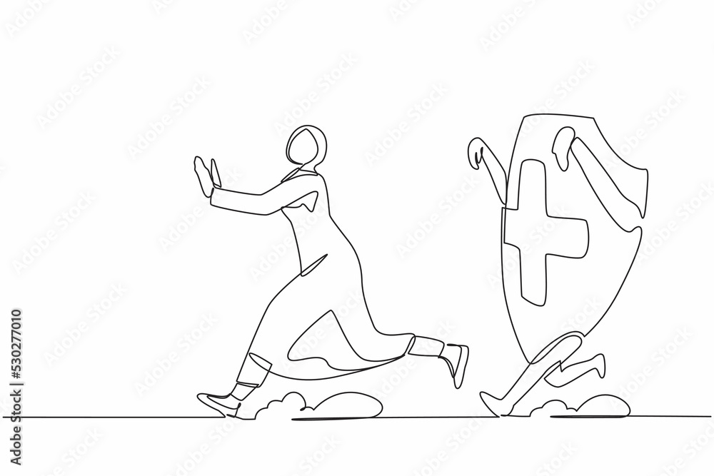 Obraz premium Continuous one line drawing fright Arabian businesswoman being chased by shield. Female employee afraid about increasing of healthcare insurance. Single line design vector graphic vector illustration
