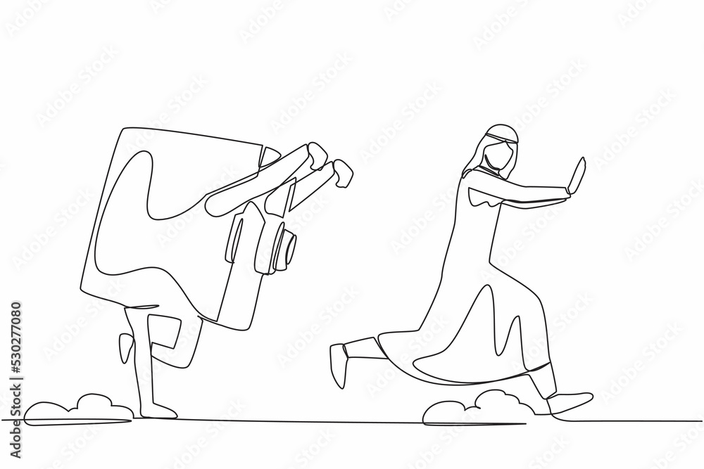 Continuous one line drawing unhappy Arabian businessman being chased by safe deposit box. Office worker difficult to get banking financial secure system. Single line design vector graphic illustration Continuous one line drawing unhappy Arabian businessman being chased by safe deposit box. Office worker difficult to get banking financial secure system. Single line design vector graphic illustration