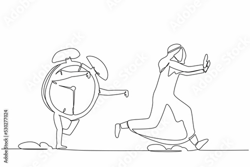 Continuous one line drawing unhappy Arabian businessman being chased by alarm clock. Manager awake from laziness. Running out of time. Deadline project. Single line design vector graphic illustration