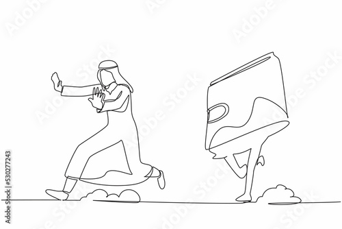 Single one line drawing unhappy Arab businessman being chased by wallet. Losing money or business profit. Cannot pay the bill. Minimal metaphor. Continuous line draw design graphic vector illustration