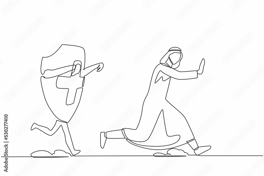 Single one line drawing unhappy Arab businessman being chased by shield. Difficult financial insurance. Expensive healthcare budget. Minimal metaphor. Continuous line draw design vector illustration Single one line drawing unhappy Arab businessman being chased by shield. Difficult financial insurance. Expensive healthcare budget. Minimal metaphor. Continuous line draw design vector illustration