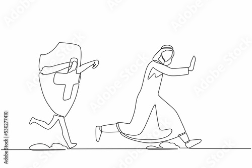 Single one line drawing unhappy Arab businessman being chased by shield. Difficult financial insurance. Expensive healthcare budget. Minimal metaphor. Continuous line draw design vector illustration