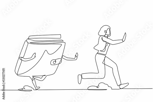 Continuous one line drawing scared businesswoman being chased by wallet. Female worker losing money, wasteful spending, gone money. Minimalist metaphor. Single line design vector graphic illustration