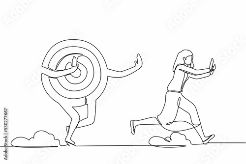 Single continuous line drawing scared businesswoman being chased by archery bullseye target. Female worker losing innovation in business goal, loss in career. One line draw design vector illustration