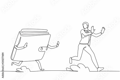 Continuous one line drawing stressed businessman being chased by wallet. Losing money, spending, pay, wasteful, gone money. Minimalist metaphor concept. Single line design vector graphic illustration