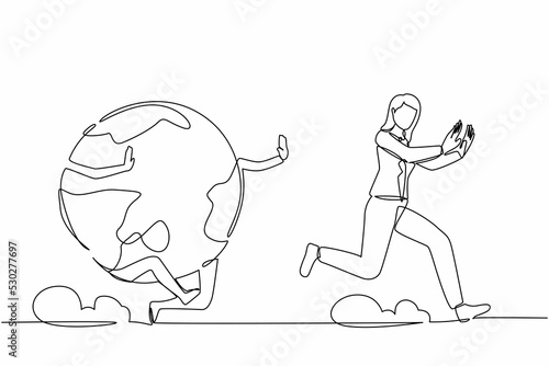 Single one line drawing scared businesswoman being chased by globe. Female worker chased by international project agenda, cooperation, teamwork. Continuous line draw design graphic vector illustration