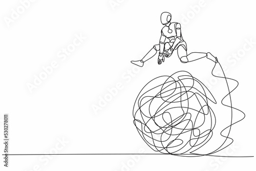 Single one line drawing robot jumping over tangled scribble. Overcoming complexity of problem. Future technology development. Artificial intelligence. Continuous line draw design vector illustration