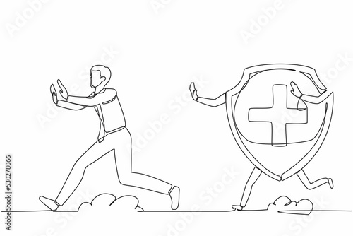 Single continuous line drawing stressed businessman being chased by shield. Out off financial insurance or fund safety. Expensive healthcare budget. One line draw graphic design vector illustration