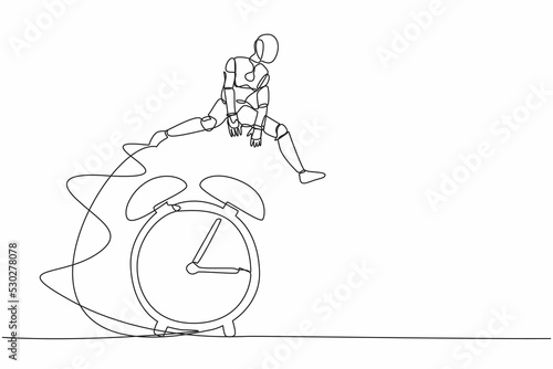 Continuous one line drawing robot jump over alarm clock. Business deadline, working time efficiency. Robot cybernetic organism. Future robotic development. Single line draw design vector illustration