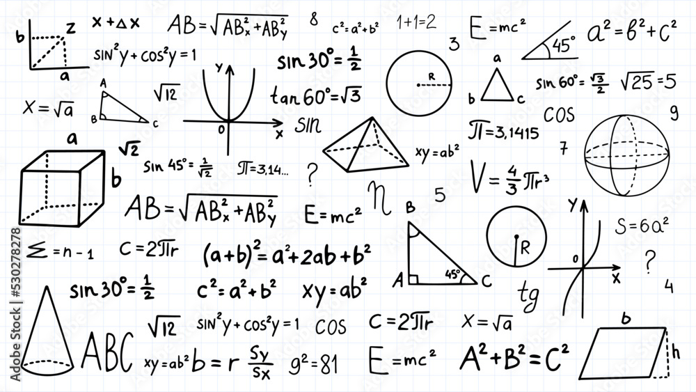Doodle math formulas. Handwritten mathematical equations, schemes