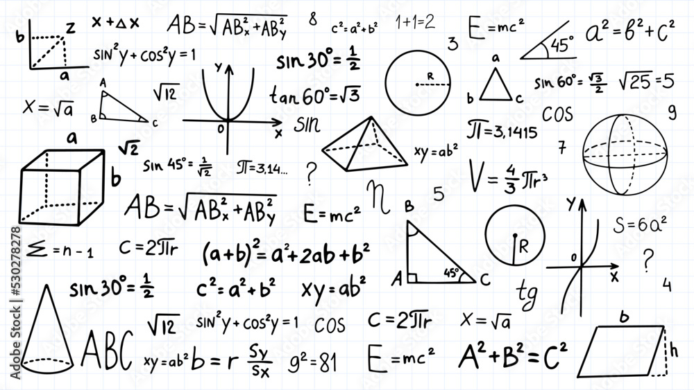 Doodle math formulas. Handwritten mathematical equations, schemes on  notebook squared paper. Algebra or geometry calculations vector set.  College, school or university lecture notes Stock Vector