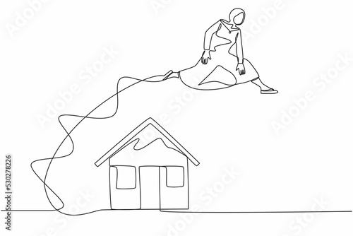 Single continuous line drawing Arab businesswoman jumping over house. Housing loan or real estate investment. Mortgage agreement. Bank debt obligation. One line draw graphic design vector illustration