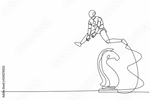 Continuous one line drawing robot jumping over chess horse knight. Brain intelligence sport  tactical movement idea. Future robotic cybernetic development. Single line draw design vector illustration