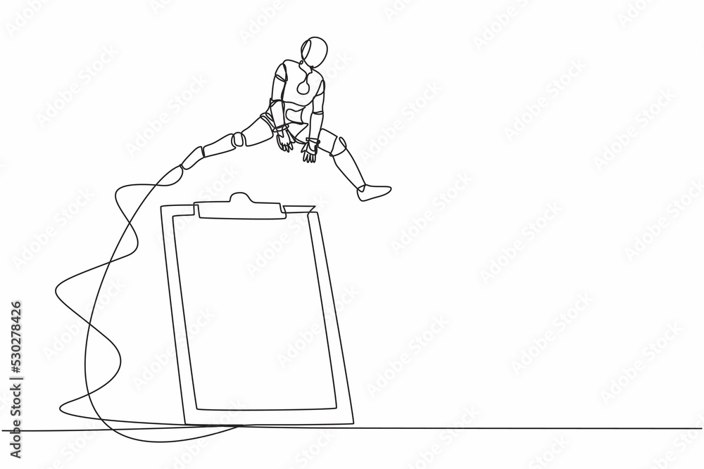 Single one line drawing robot jumping over big clipboard. Checklist survey application paper sheets document. Future technology development. Modern continuous line design graphic vector illustration Single one line drawing robot jumping over big clipboard. Checklist survey application paper sheets document. Future technology development. Modern continuous line design graphic vector illustration