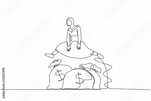 Continuous one line drawing Arab businesswoman jump over money bag. Business loan or capital funding, money help in crisis. Stimulus for starting company. Single line draw design vector illustration