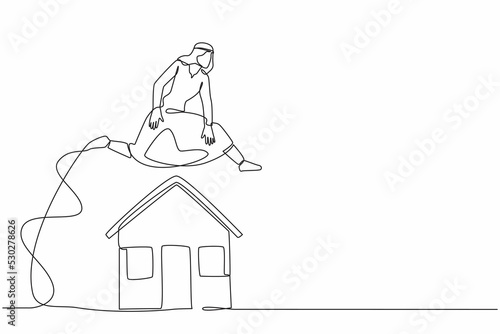 Single one line drawing Arab businessman jumping over house. Debt obligation housing loan. Mortgage agreement to bank. Investment in property business. Continuous line draw design vector illustration
