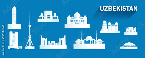 Travel landmarks Uzbekistan with isolated silhouette architecture on blue background.