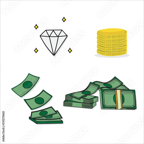 Set of cartoon valuables flat style in vector illustration design. Consist of Winner's trophy, Vintage diamond, Stack of banknotes and golden coins.
