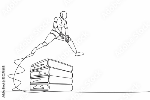 Single one line drawing robot jumping over pile of big binders. Stack of paper work document. Information classification. Future technology development. Continuous line draw design vector illustration