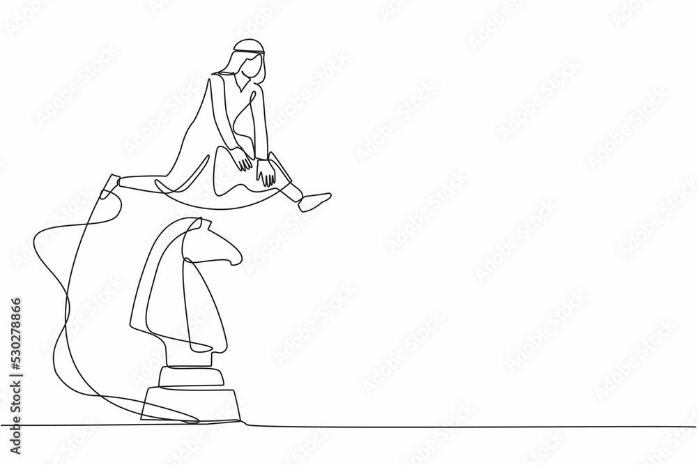 Single continuous line drawing Arab businessman jumping over big chess knight. Strategic intelligence in business movement. Tactic strategy thinking. One line draw graphic design vector illustration